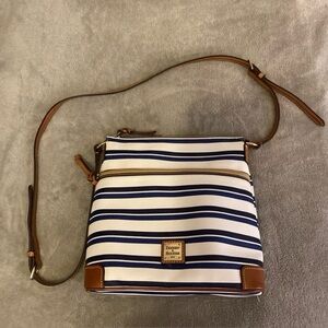 Dooney & Bourke Blue and White Striped Crossbody Bag with Brown Accents
